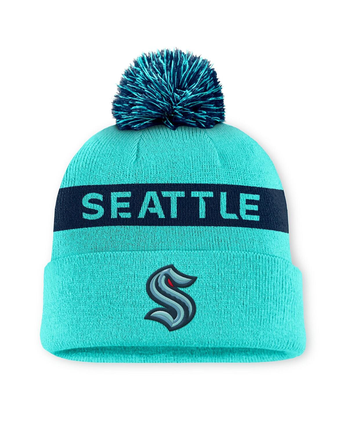 Fanatics Women's Light Blue/navy Seattle Kraken Authentic Pro Rink Cuffed Knit Hat With Pom In Light Blue,navy
