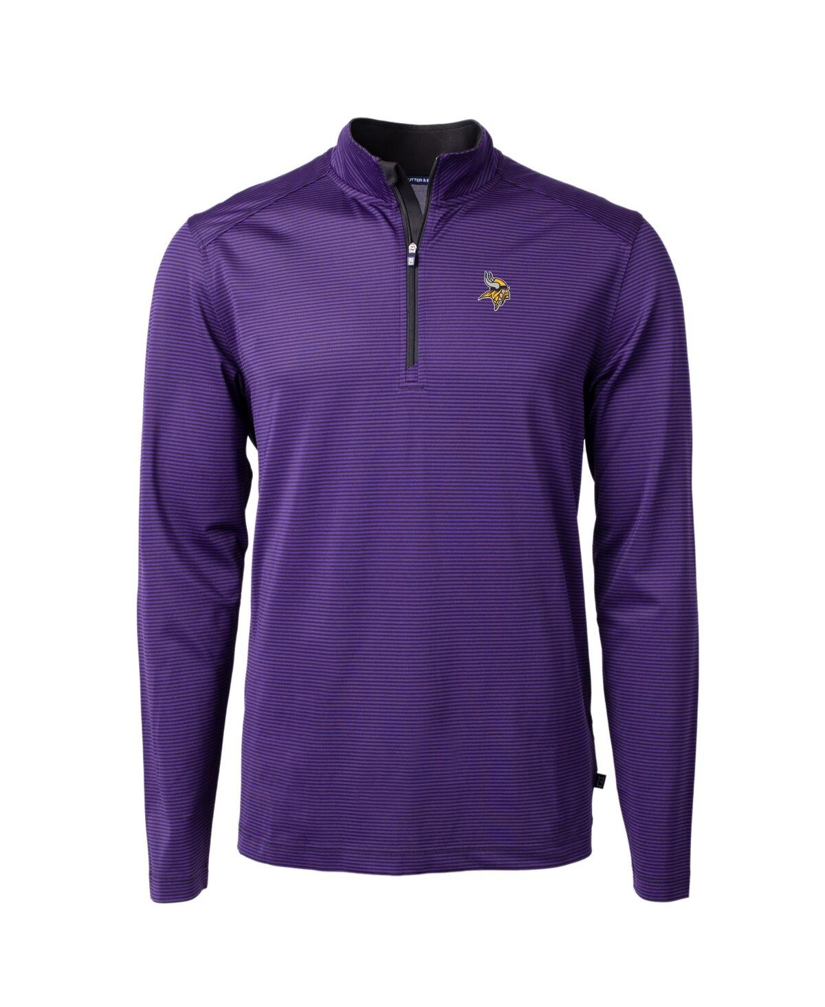 Cutter & Buck Men's Purple/black Minnesota Vikings Virtue Pique Micro Stripe Quarter-zip Pullover Top In Purple,black