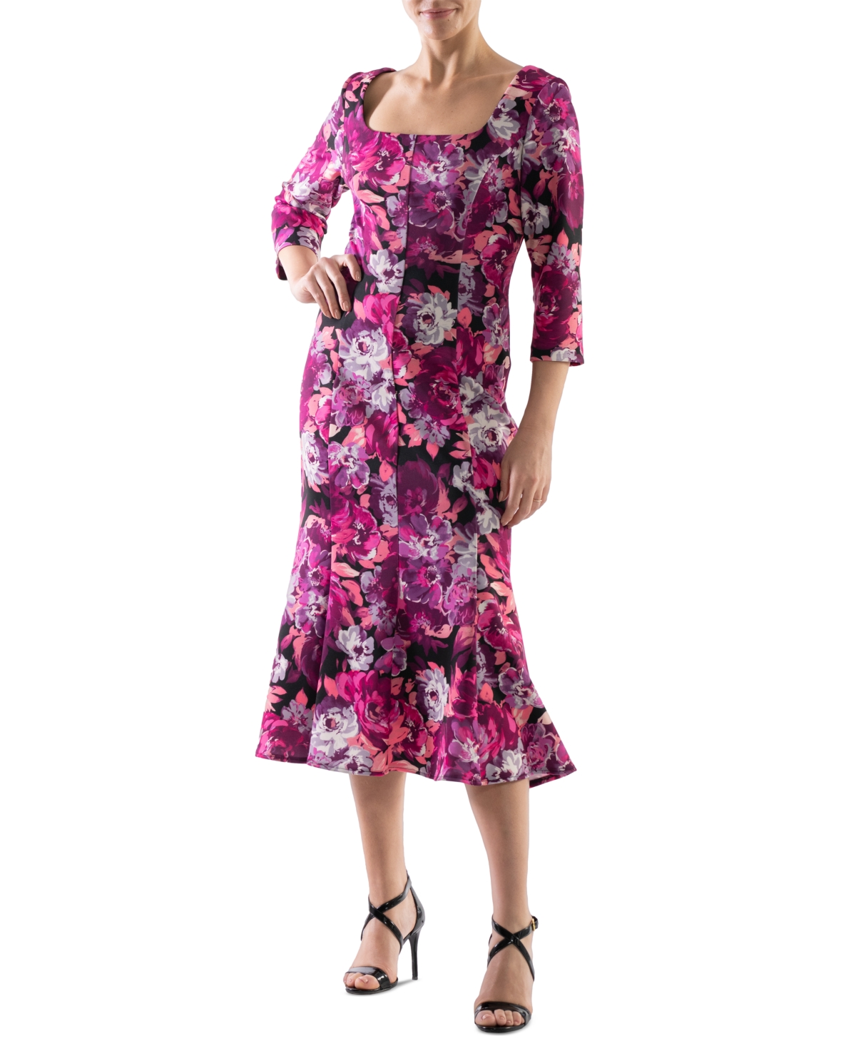 Women's Floral-Print Flounce-Hem Midi Dress - Magenta Mu