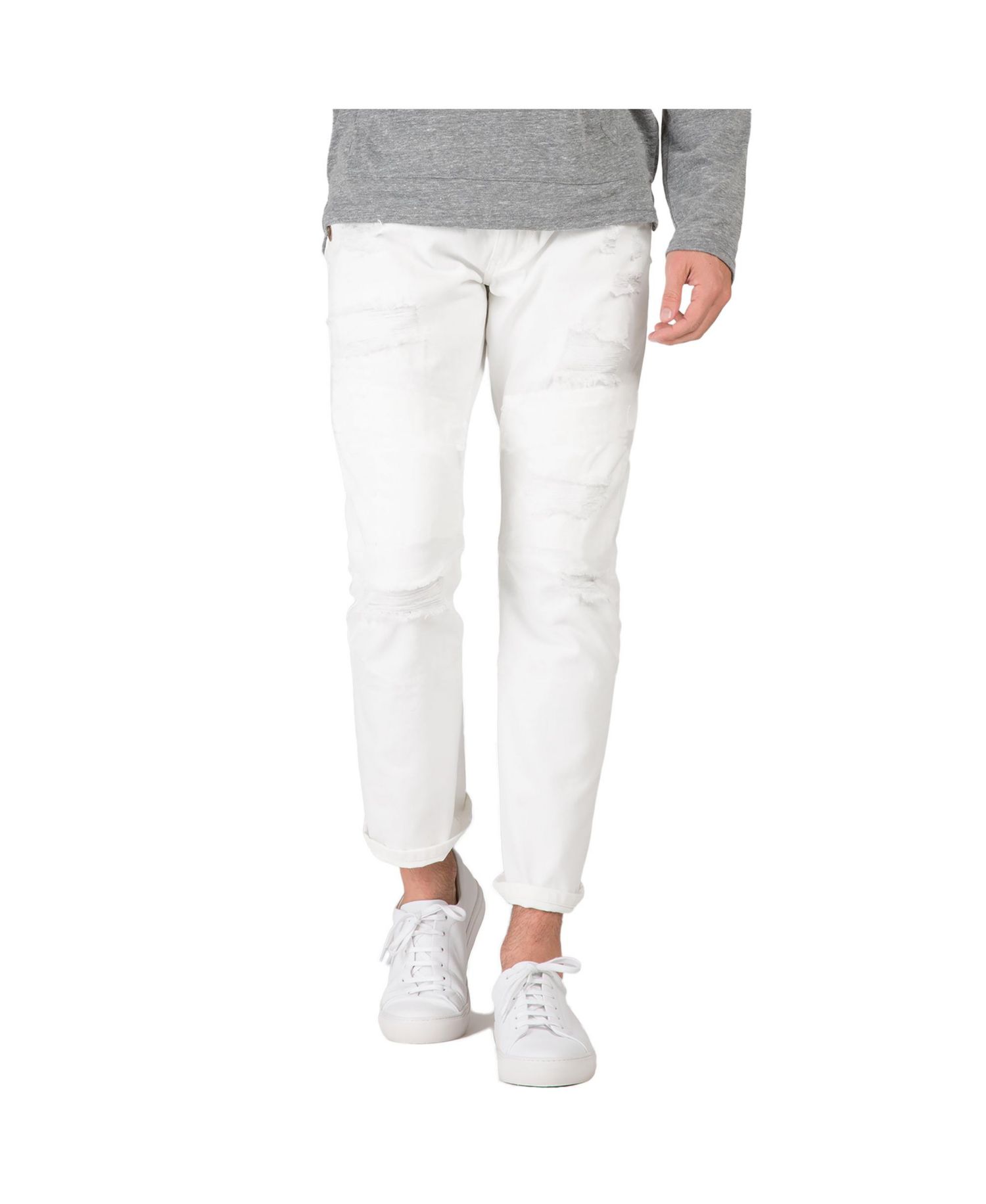 Men's Slim Straight Distressed Mended Premium Cargo White Jeans