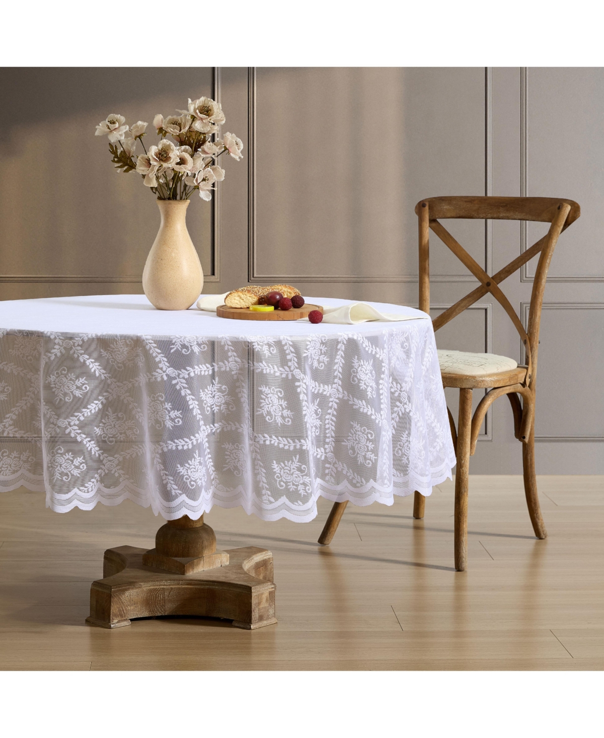 Isabella Floral Lace Fabric Tablecloth, Lace Fabric Table Cloth for Round Tables, Wrinkle Resistant Tablecloth, Patterned Scalloped Tablecloth