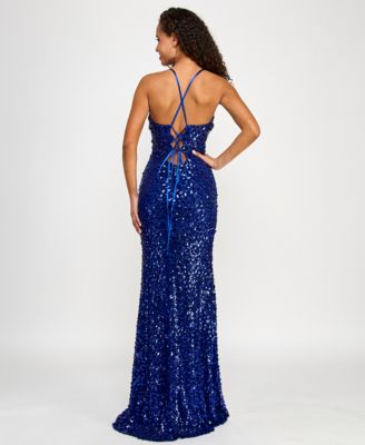 Juniors' Floral Sequin V-Neck Sleeveless Gown