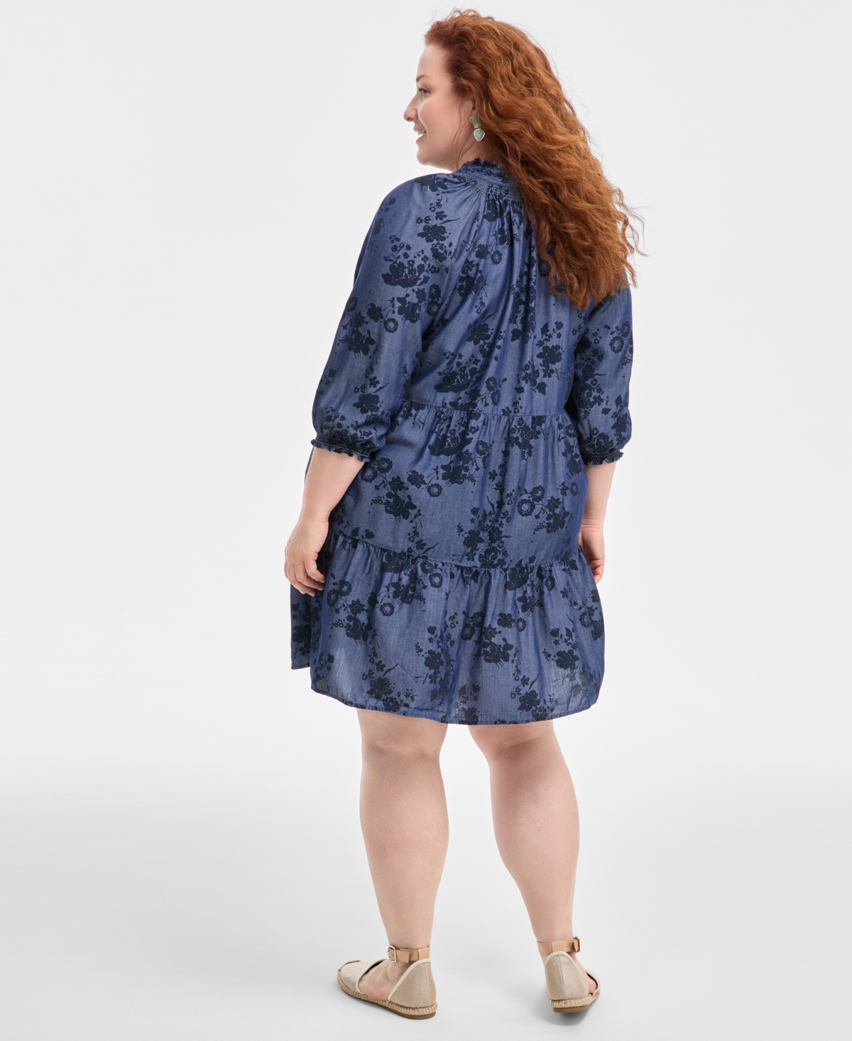 Style & Co Plus Size Printed Chambray Babydoll Dress, Exclusively At Macy's In Floral Industrial Blue
