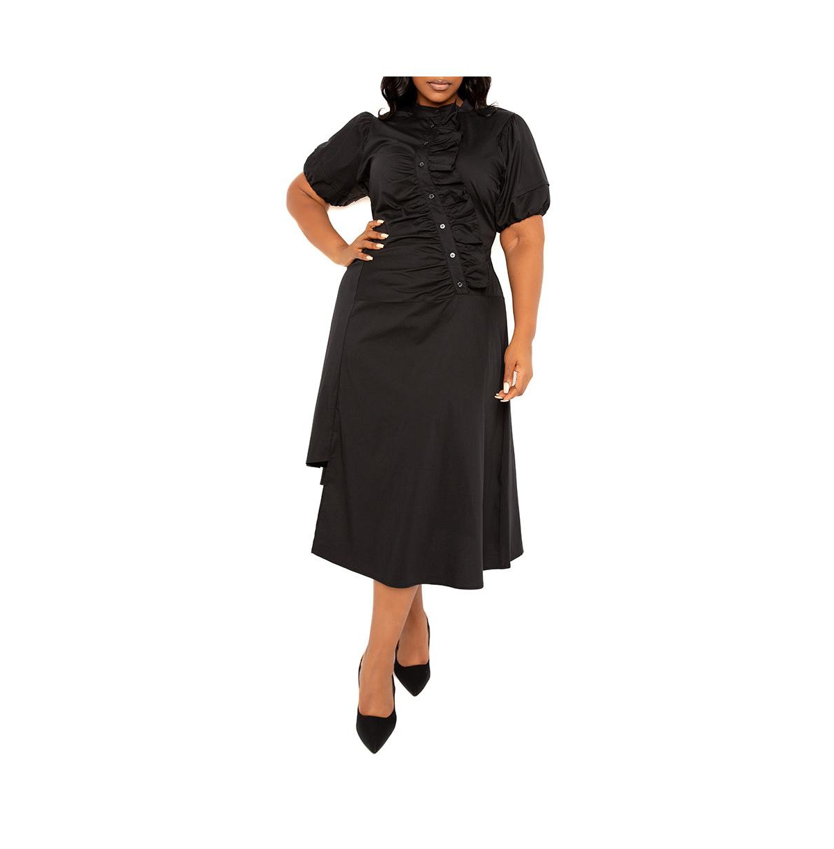 Women's Plus Size Asymmetrical Ruffle Shirt Dress - Pistachio