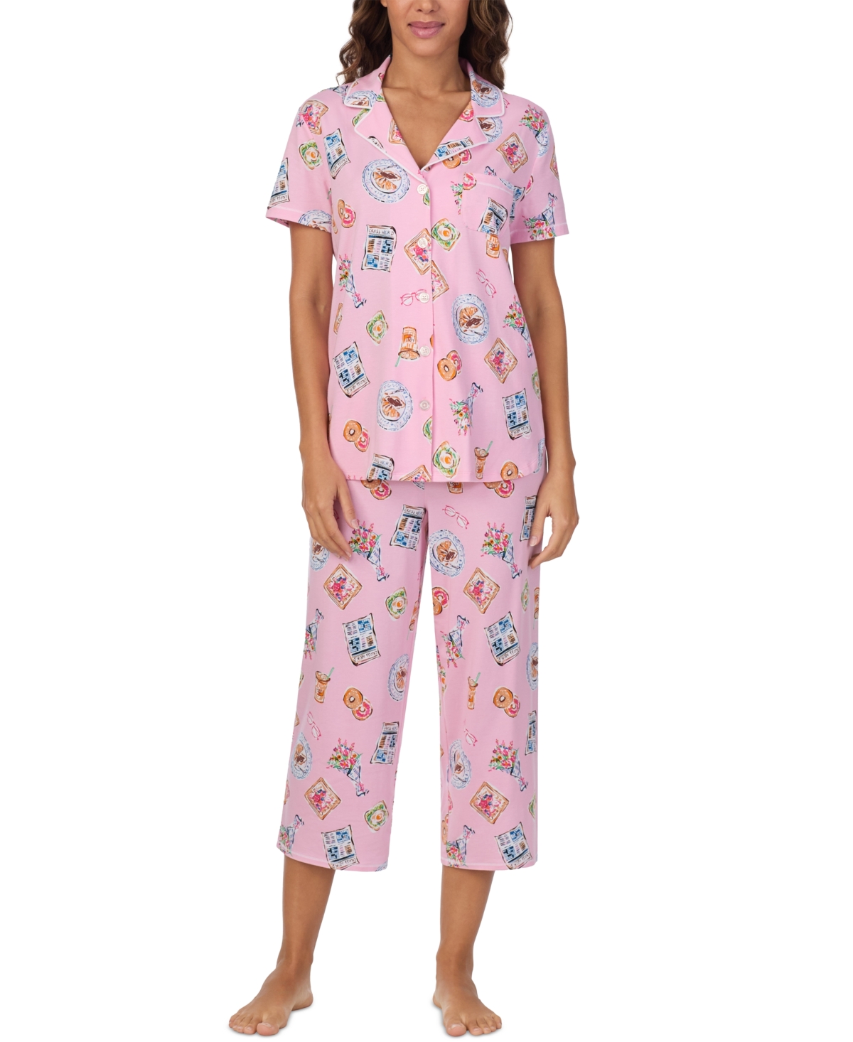 Women's Printed Collared Cropped Pajama Set - Sheep Print