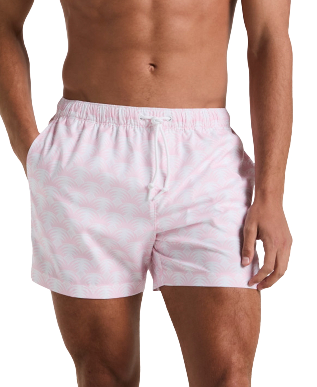 Original Penguin Men's Slim Fit Geo Palm Print Drawstring 5" Swim Trunks In Parfait Pink