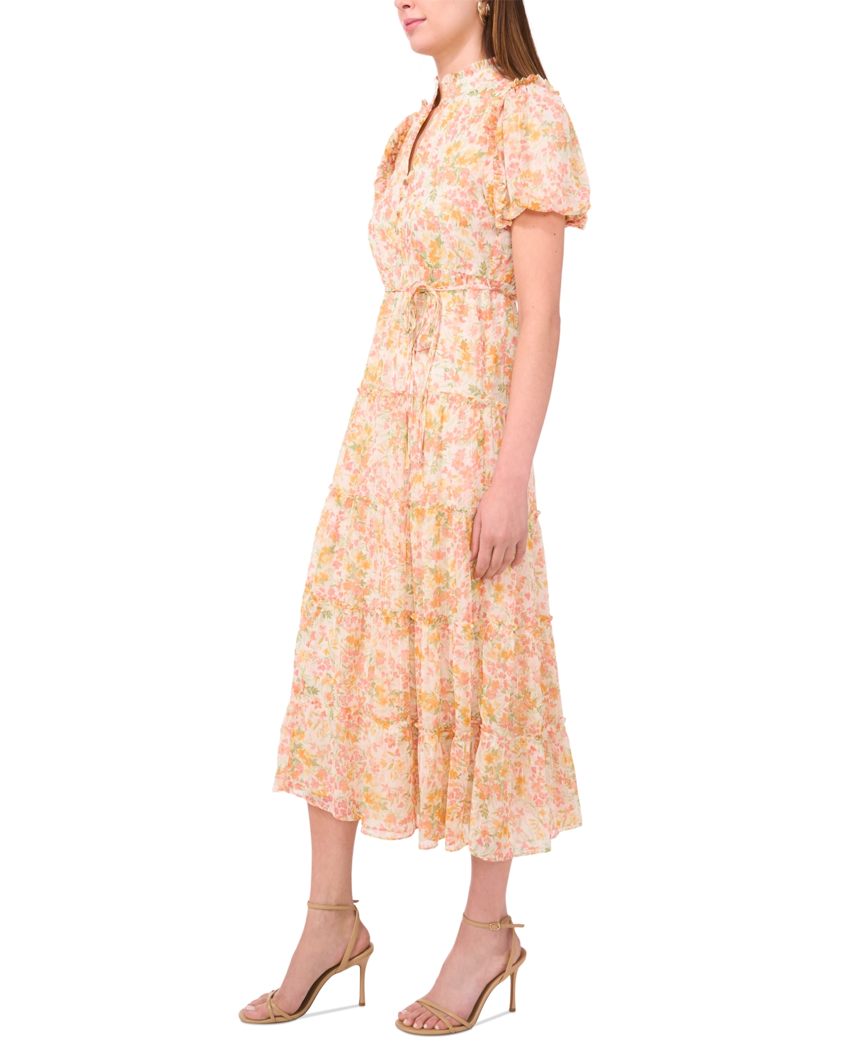 Msk Petite Printed Split-neck Tiered Maxi Dress In Coral Almond