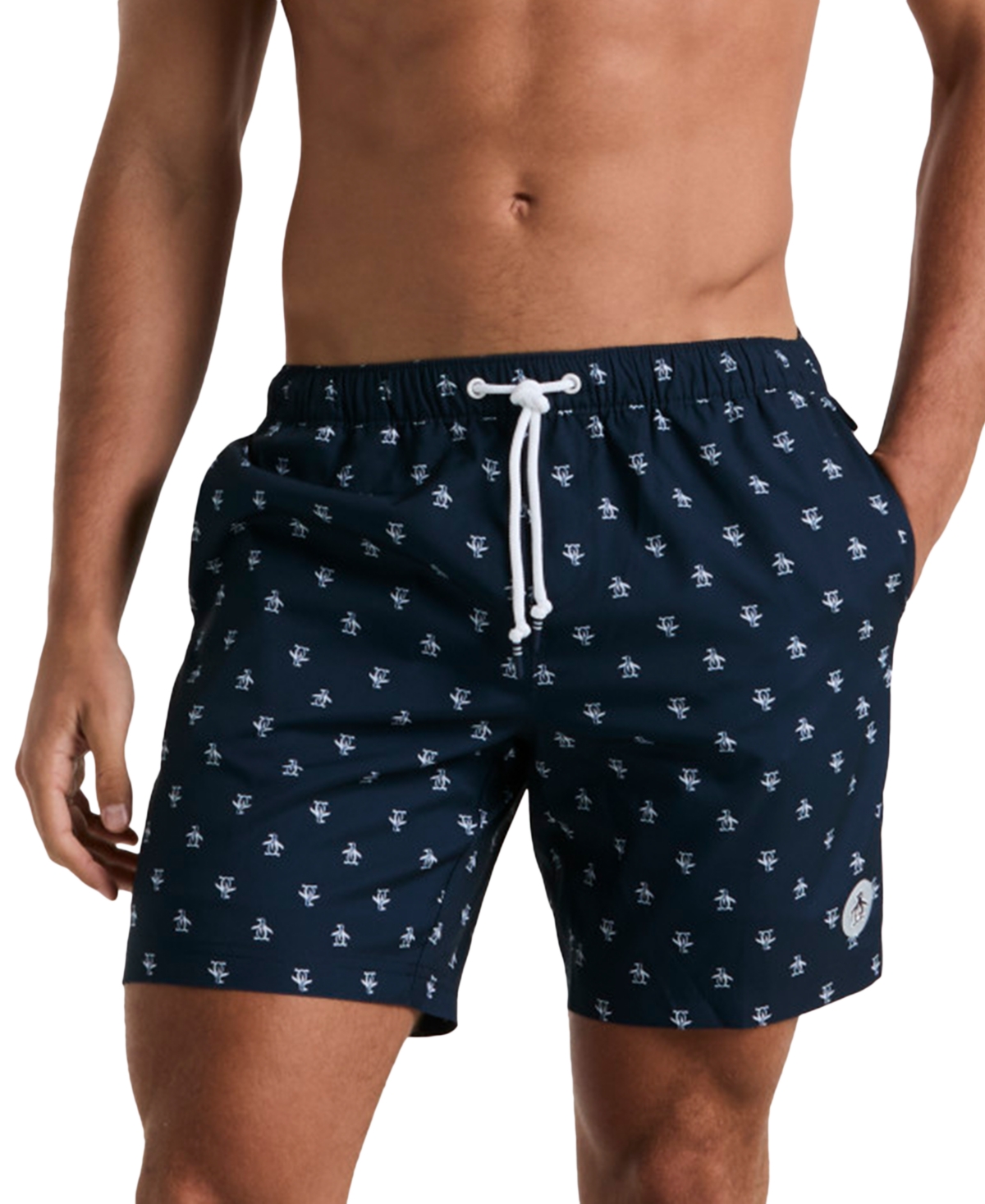 Original Penguin Men's Slim Fit Logo Print Drawstring 7" Swim Trunks In Ibizia Blue