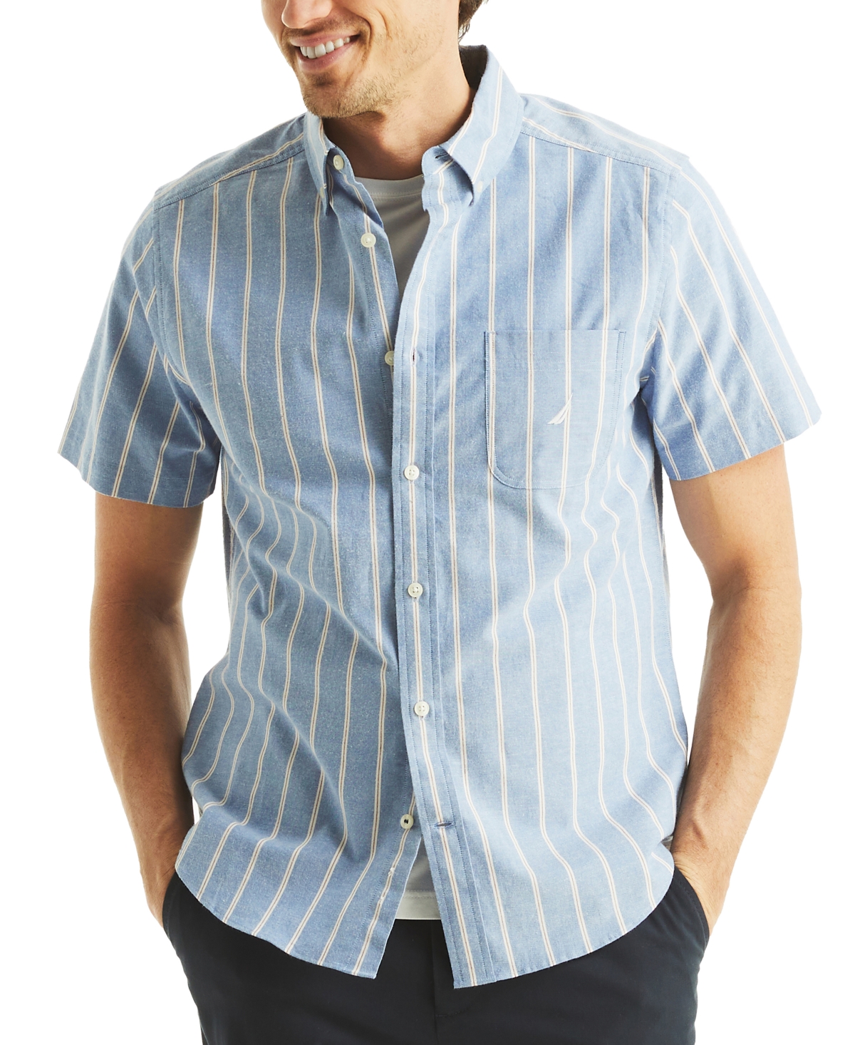 Men's Short Sleeve Button-Down Striped Oxford Shirt - Olympic Blue