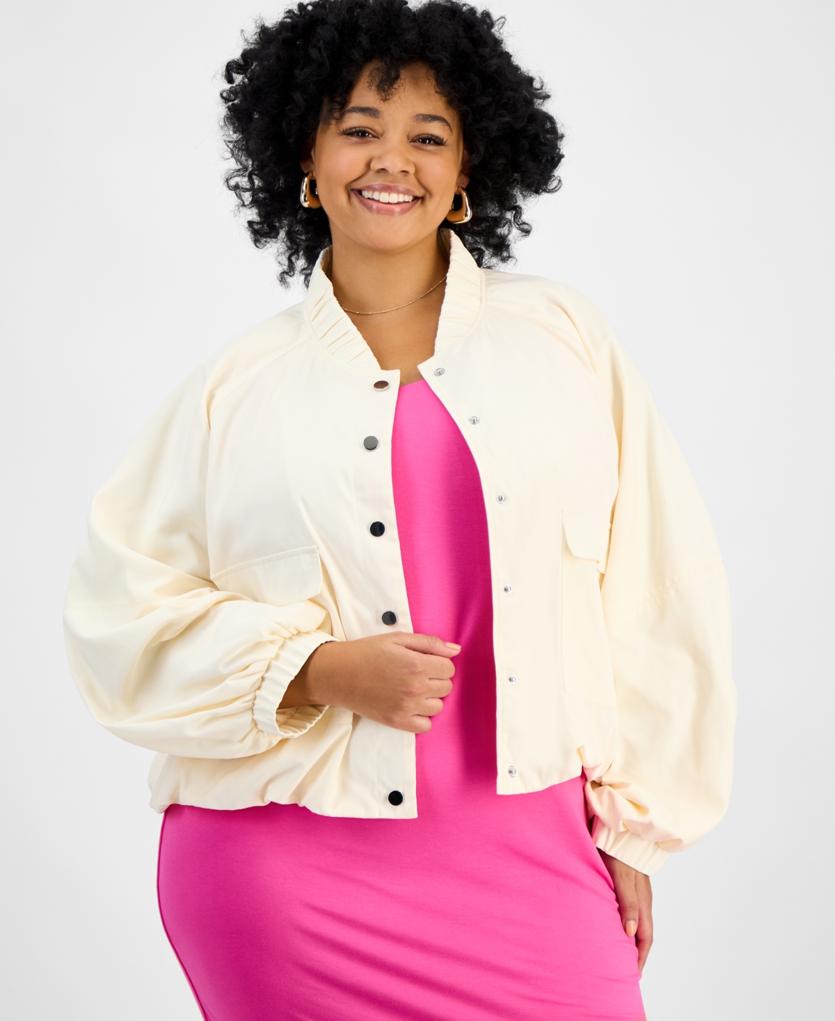 Plus Size Bubble-Hem Twill Cargo Jacket, Exclusively at Macy's - Ivory Cloud