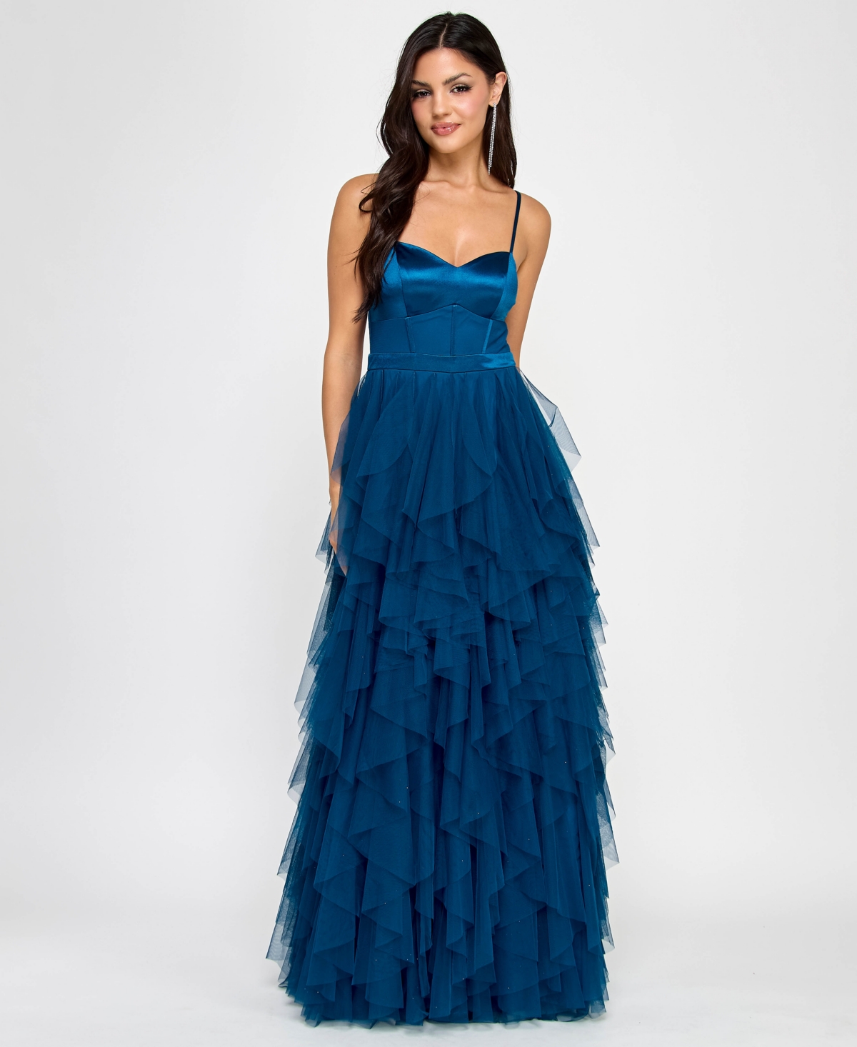 CITY STUDIOS JUNIORS' SWEETHEART-NECK RUFFLED CASCADE GOWN 