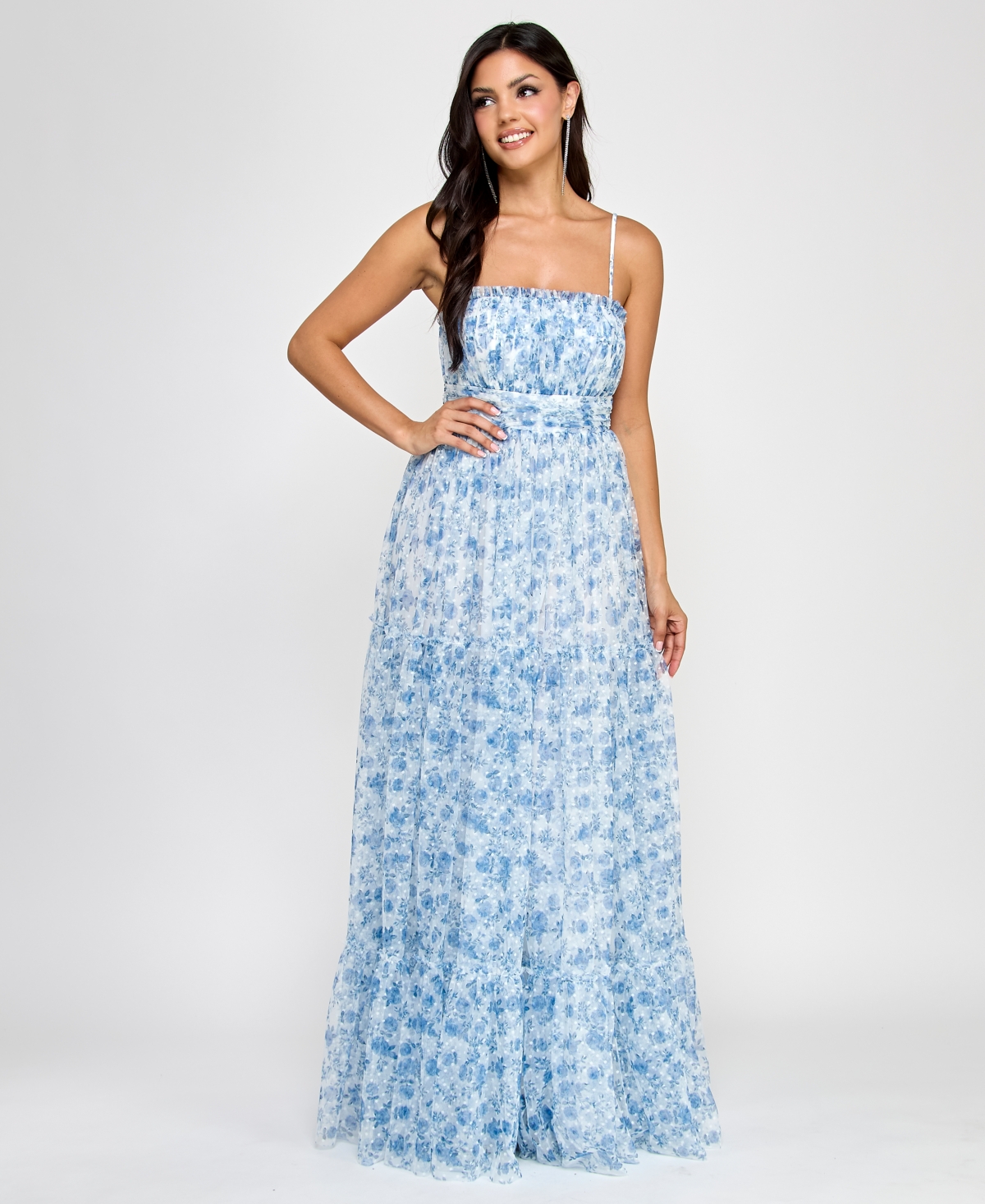 Juniors' Tiered Floral-Print Gathered Dress - White/navy