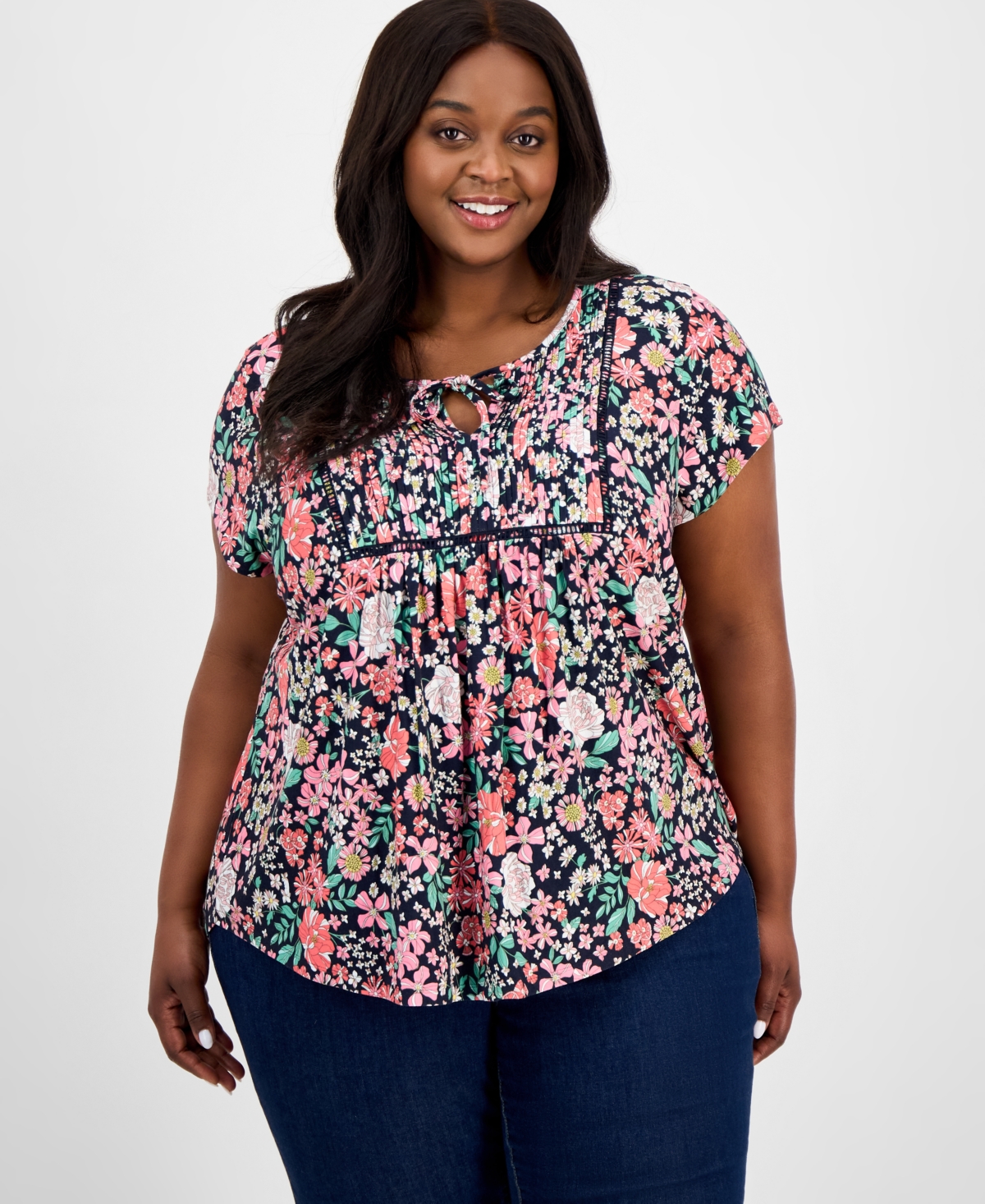 Shop Tommy Hilfiger Plus Size Floral-print Pintucked Top, Exclusively At Macy's In Sky Captain Multi