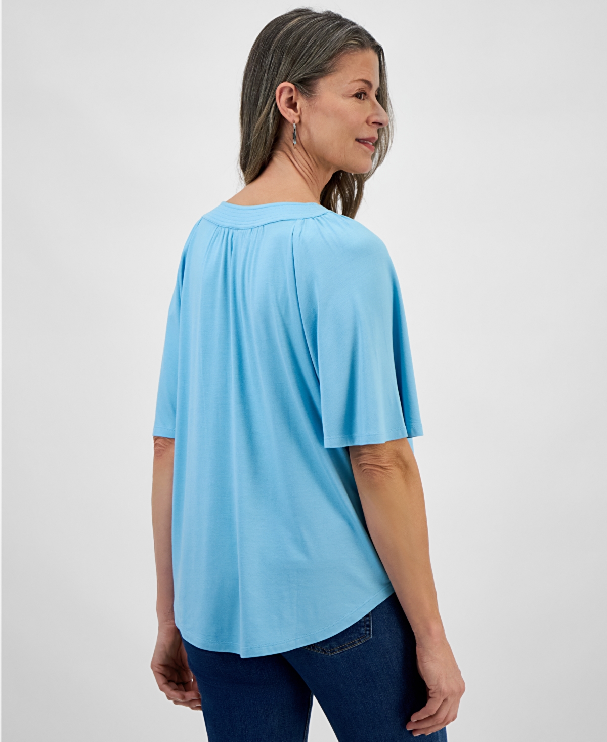 Style & Co Women's Flutter-sleeve Split-neck Top, Exclusively At Macy's In Aqua Swirl