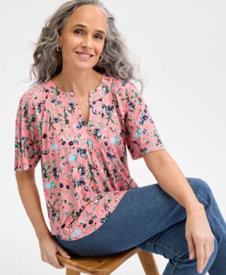 売れ筋商品|||スタイルアンドコー カットソー トップス レディース Women's Cotton Stripe Split-Neck Flutter-Sleeve Top, Exclusively at Macy's Blue Stripe Style & Co Women's Cotton Stripe Split-Neck Flutter-Sleeve