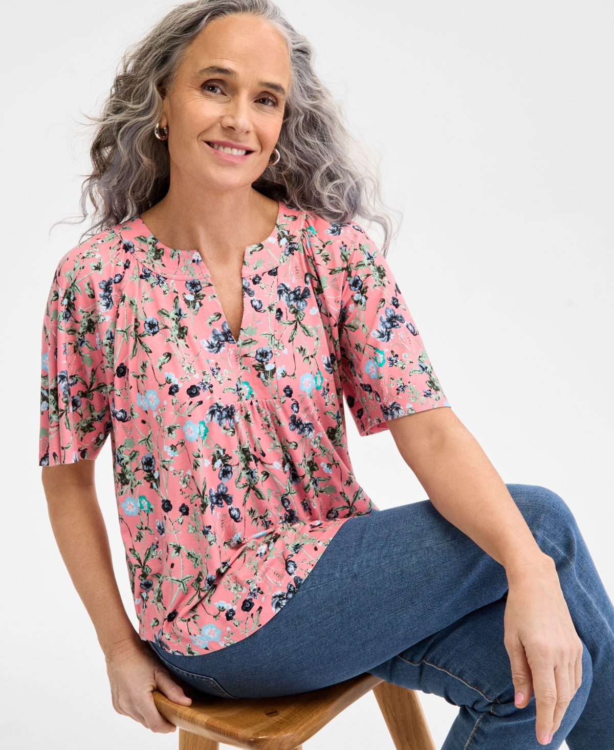 Style & Co Women's Printed Flutter-sleeve Split-neck Top, Created For Macy's In Garden Rose