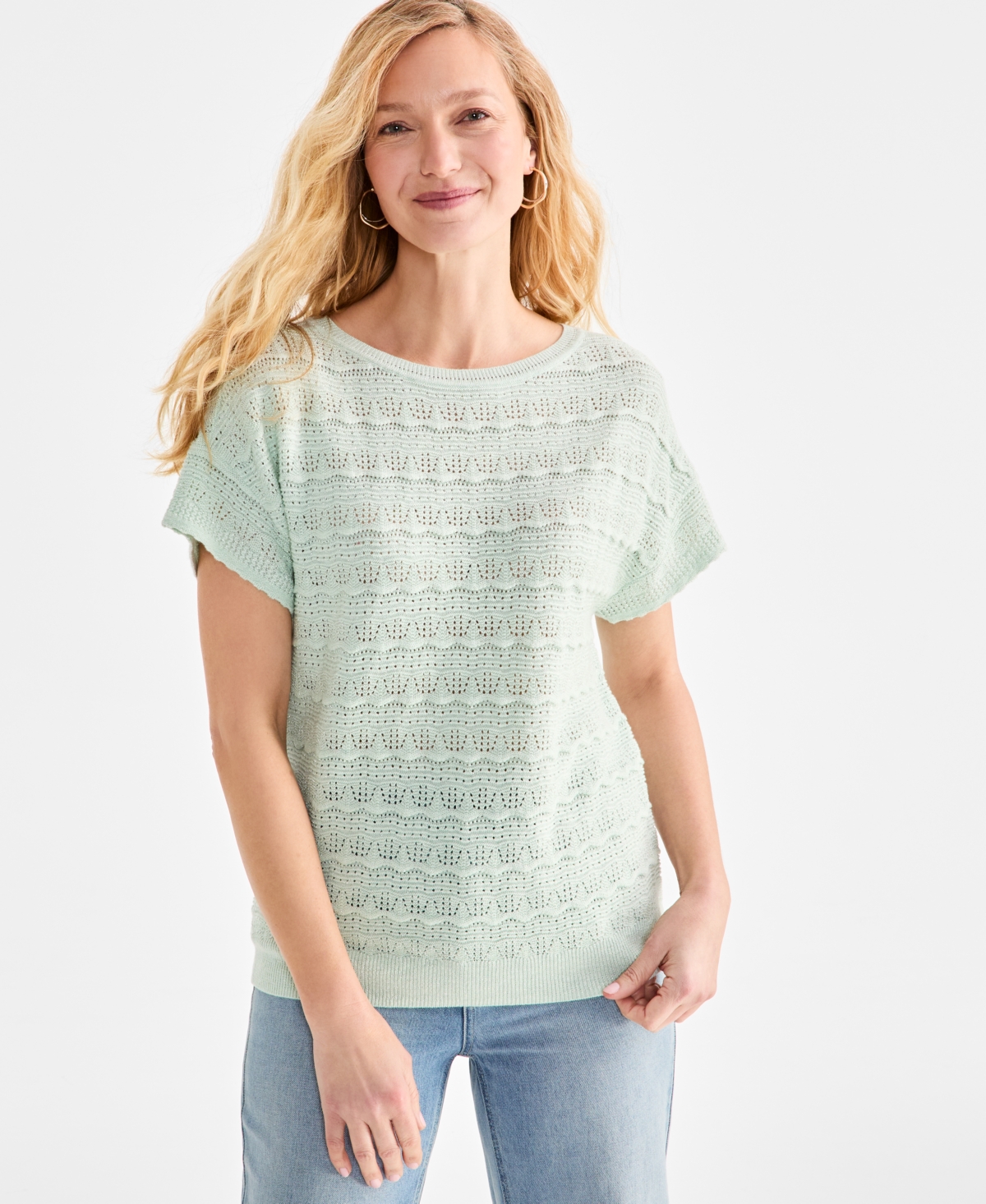 Style & Co Women's Metallic Pointelle Dolman-sleeve Sweater, Exclusively At Macy's In Lurex Mint