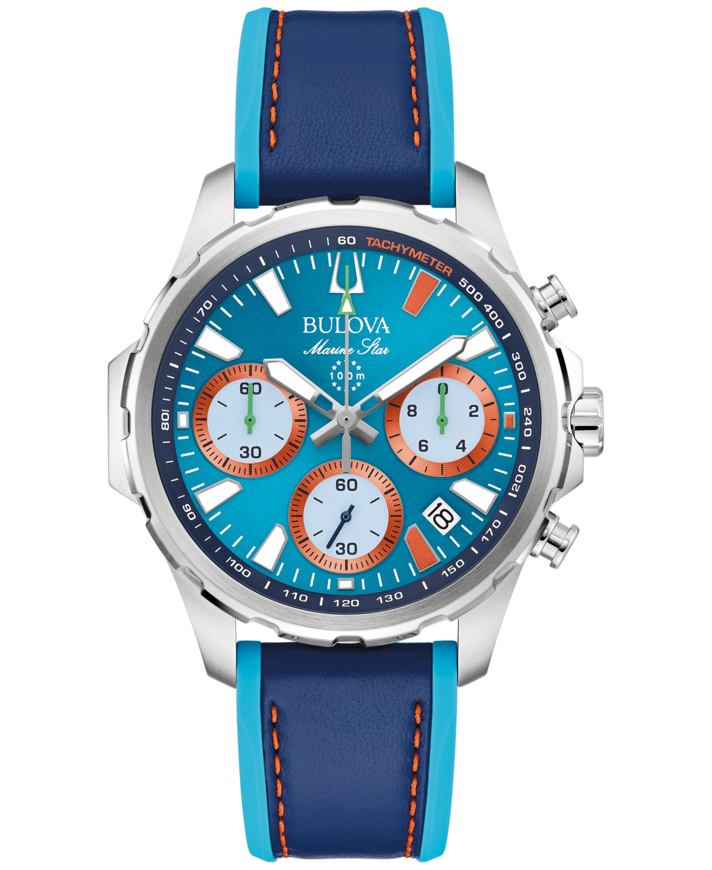 Мужские часы Bulova Marine Star E1 Team Miami Chronograph Blue Leather and Silicone Strap Watch 43mm — фото 1