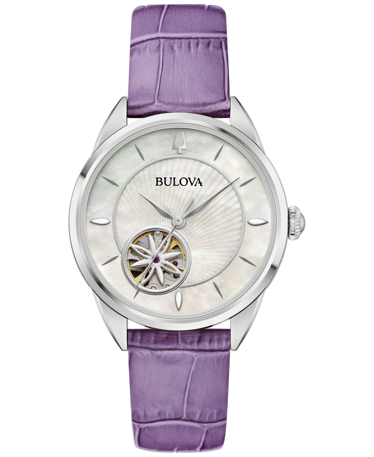 Женские часы Bulova Automatic Purple Leather Strap Watch 34.5mm — фото 1