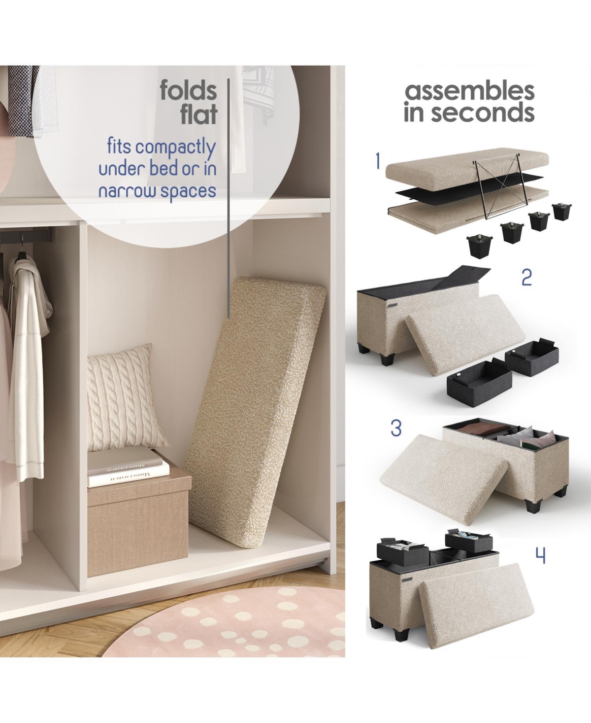 Rectangular Boucle Ottoman Storage Bench – Modern Foot Stool