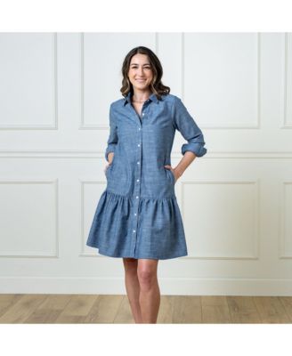 Women's Organic Chambray Long Sleeve Drop Waist Shirt Dress