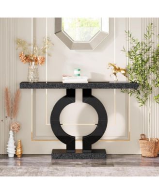 43-Inch Mirrored Console Table with O-Shaped Base, Modern Entryway Table Glass Sofa Table with Mirror Finish, Rectangle Narrow Accent Foyer Table for Living Room Hallway Entrance (Black)