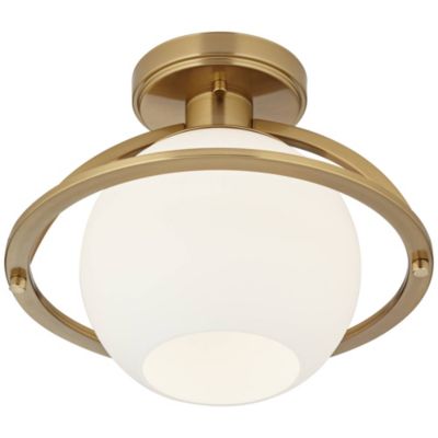 Oblys 12" Modern Semi Flush-Mount Ceiling Light Fixture Kitchen Foyer Round Warm Brass Finish White Glass