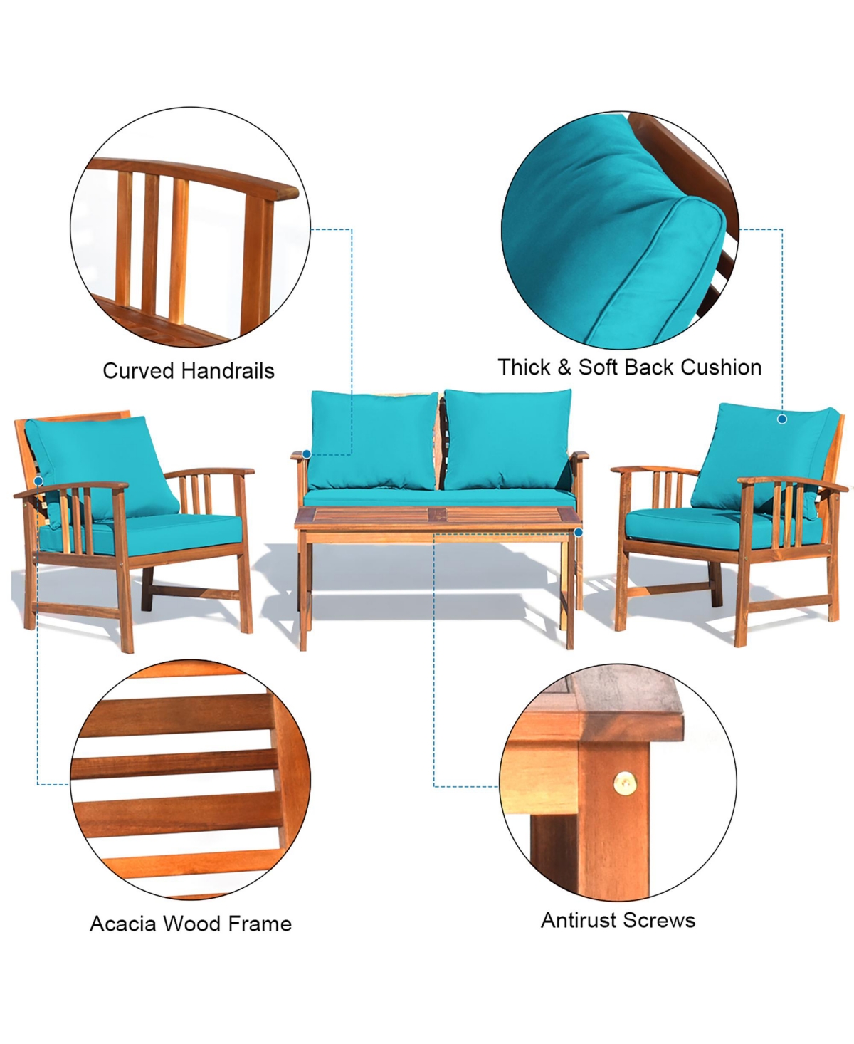 8PCS Wooden Patio Furniture Set Table Sofa Chair Cushioned Garden