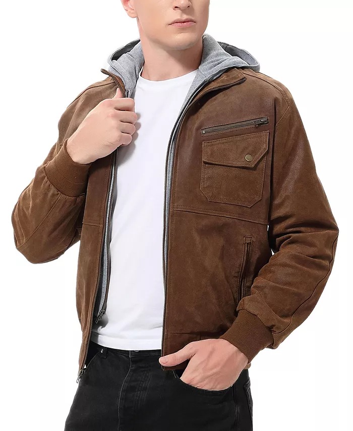 Men Civic Distressed Leather Bomber Jacket - thumbnail 4