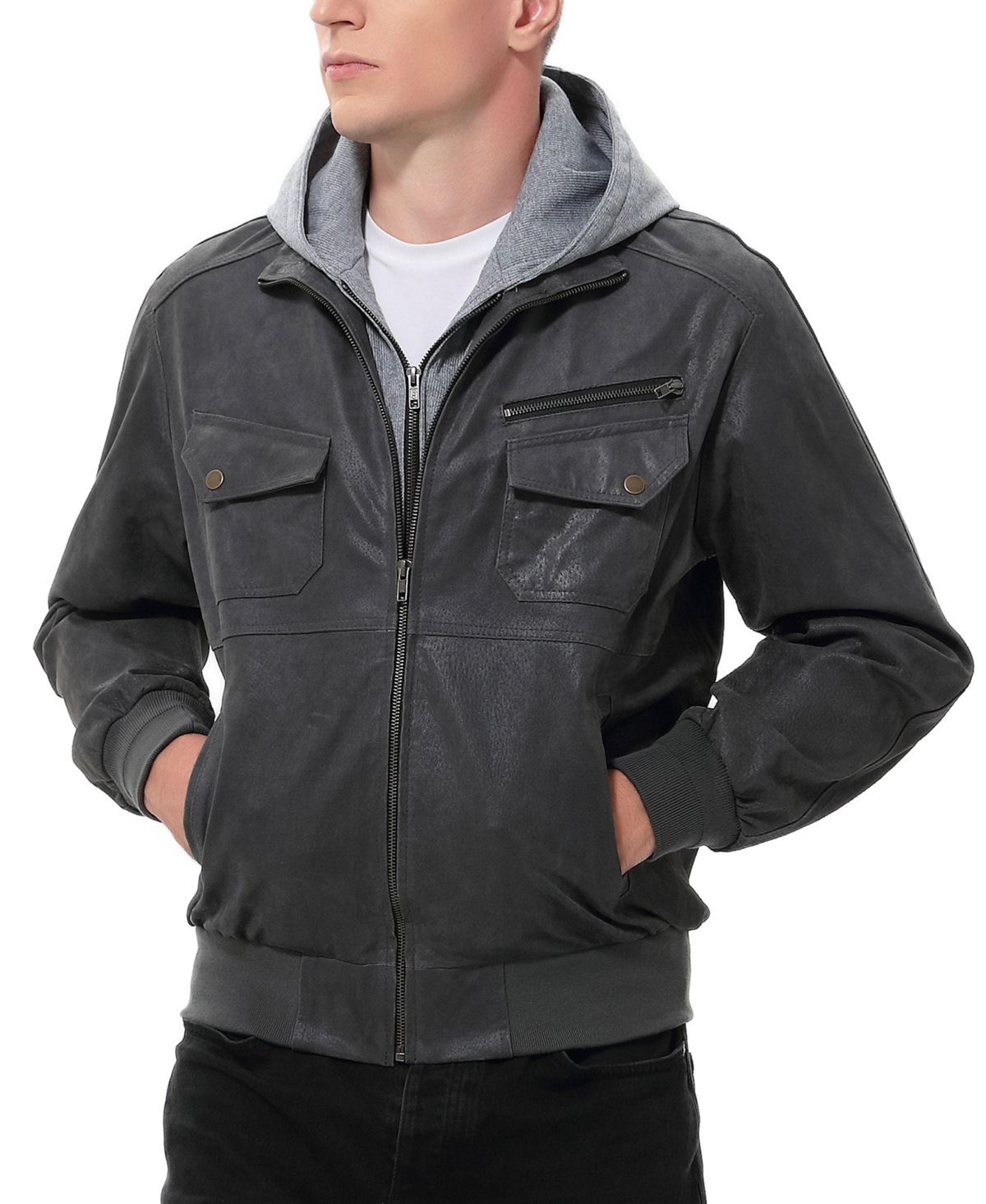 Men Civic Distressed Leather Bomber Jacket - Distressed gray
