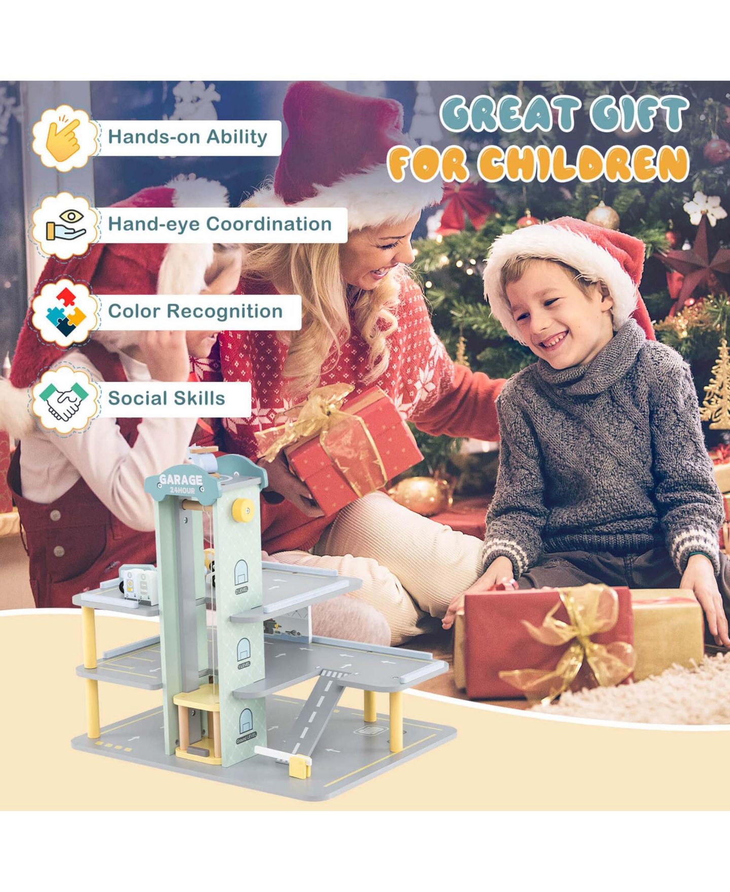 Детский игровой набор Costway 3-Tier Wooden Garage Playset with Working Elevator Helipad Ramp Car, цвет: Серый — фото 6