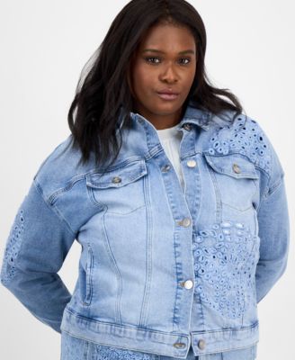 Trendy Plus Cutwork Button-Front Denim Jacket, Exclusively at Macy's