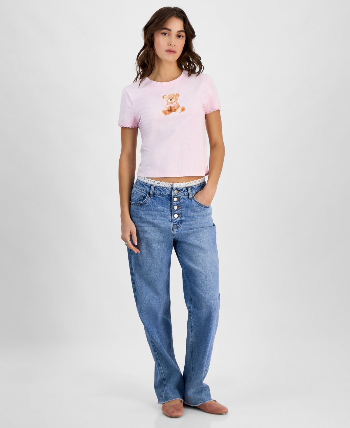 Juniors' Teddy Bear Bow Mineral Wash Graphic T-Shirt - Pink Mineral Wash