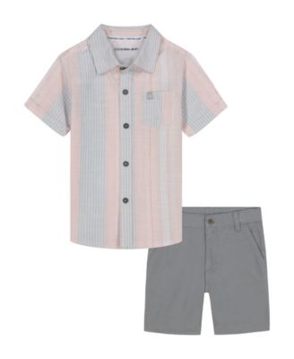 Toddler and Little Boys 2-Piece Striped Woven Button Front and Washed Twill Shorts Set