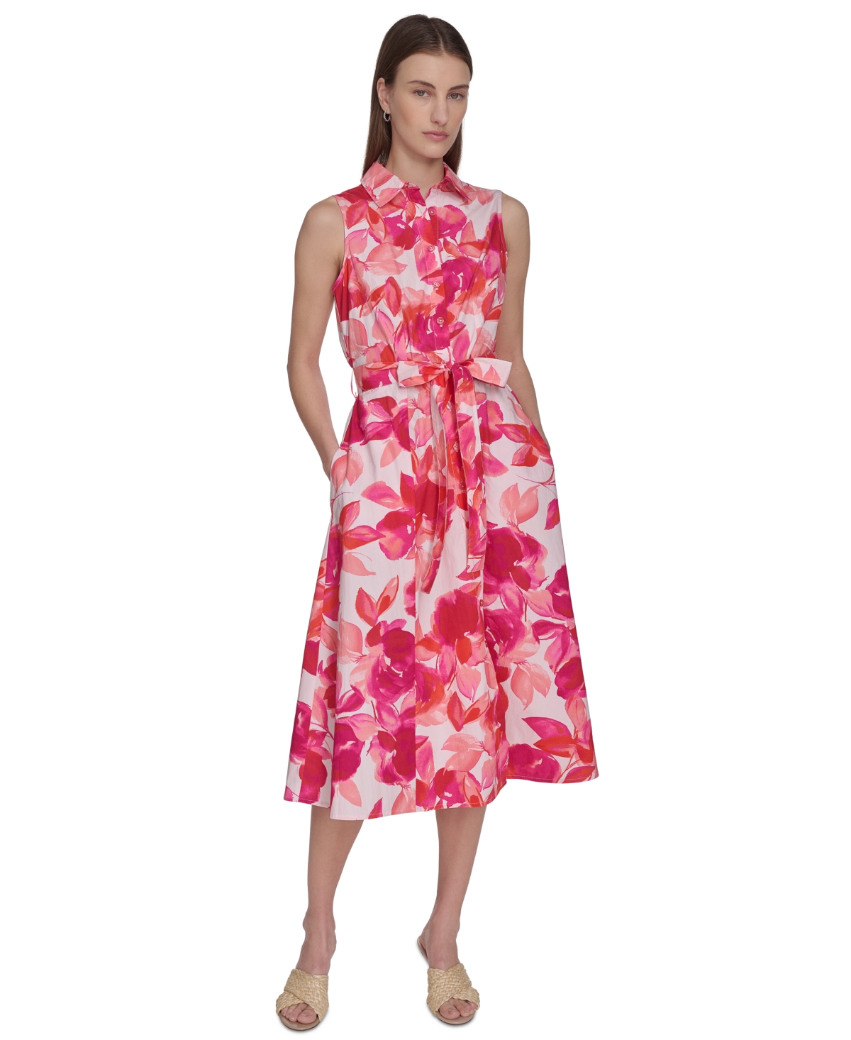 Shop Calvin Klein Women's Printed Cotton Tie-waist Shirtdress In Hibiscus Multi