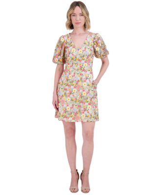 Eliza J - Petite V-Neck Puff-Sleeve Embroidered Dress