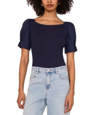 1.STATE - Women's Mixed-Media Puff-Sleeve Top