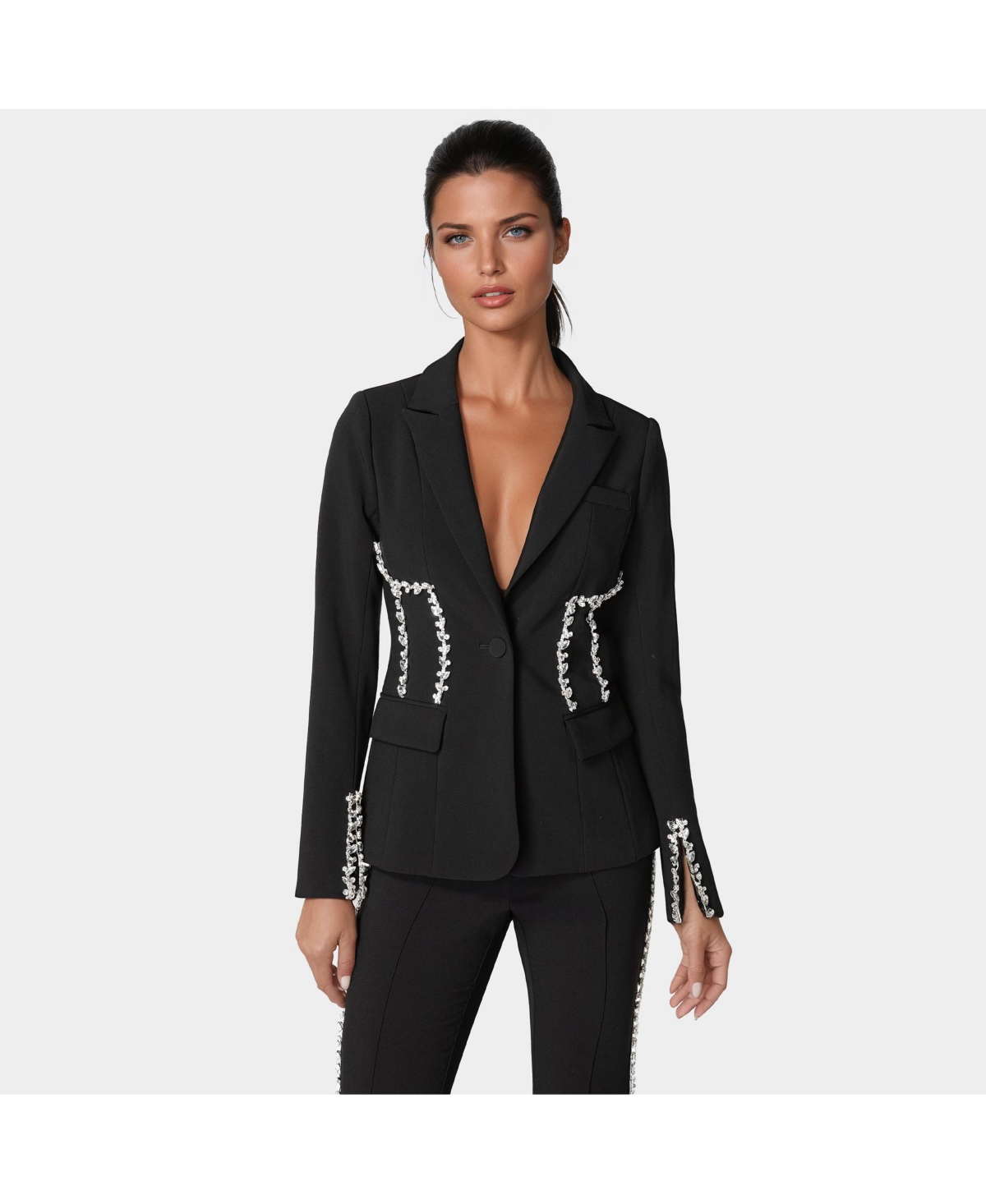 Women's Rhinestone Detail Woven Twill Blazer - Black