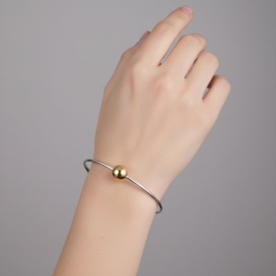 Sterling Silver Two-Tone with 14K Gold Plated Sphere and Sleek White Gold Plated Design Open Cuff Bracelet