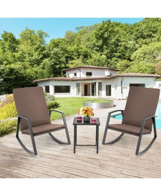 3PCS Rattan Bistro Rocking Chair Set Patio Furniture Set w/ Cushions
