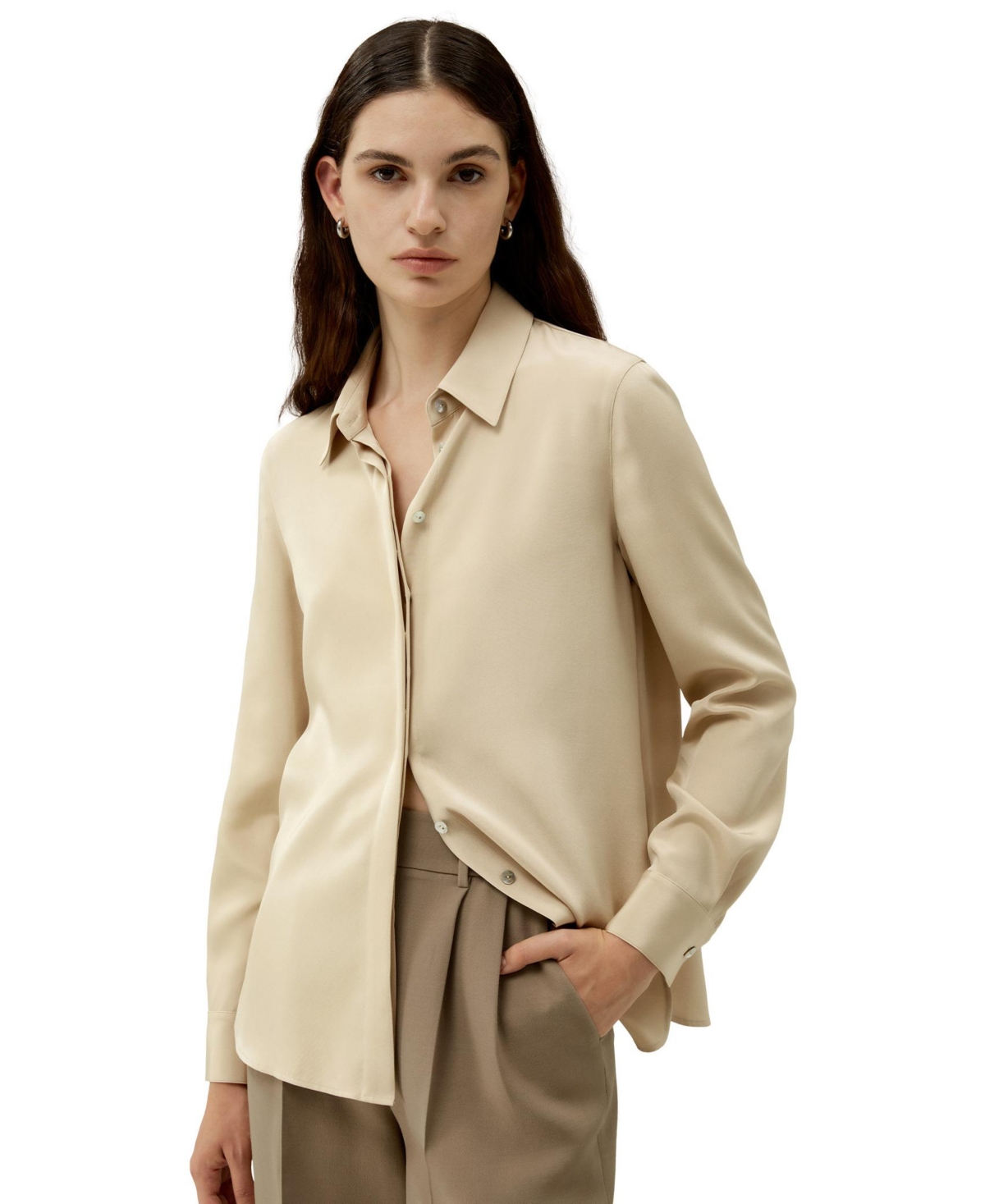 Graceful Button Up Silk Blouse for Women - Dune