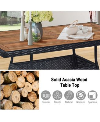 10 PCS Patio Rattan Dining Set Rectangular Wood Top Tables Cushioned Chair Garden