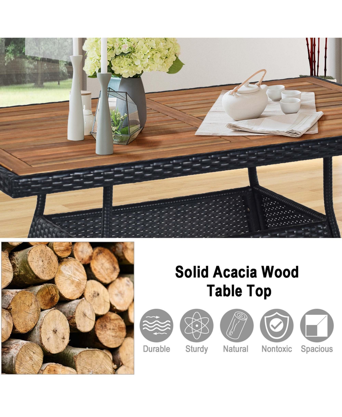 10 Pcs Patio Rattan Dining Set Rectangular Wood Top Tables Cushioned Chair Garden