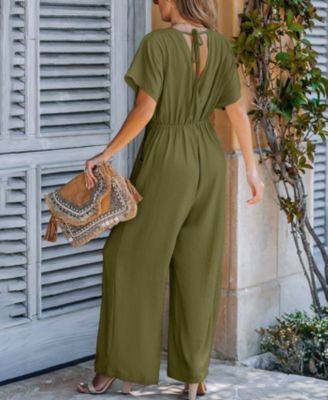 Women's V-Neck Short Sleeve Straight Leg Jumpsuit