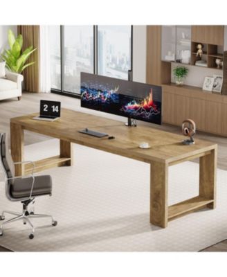 2 Person Desk, 86.6 Inches Extra Long Desk, Double Computer Writing Table, All Wood Large Desks Workstation for Home Office, Natural Oak