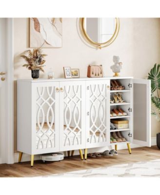 Mirrored Shoe Cabinet, 5-Tier White Modern Shoe Organizer Cabinet with Doors, Wooden Freestanding 25-Pair Shoe Rack Closet Storage Cabinet