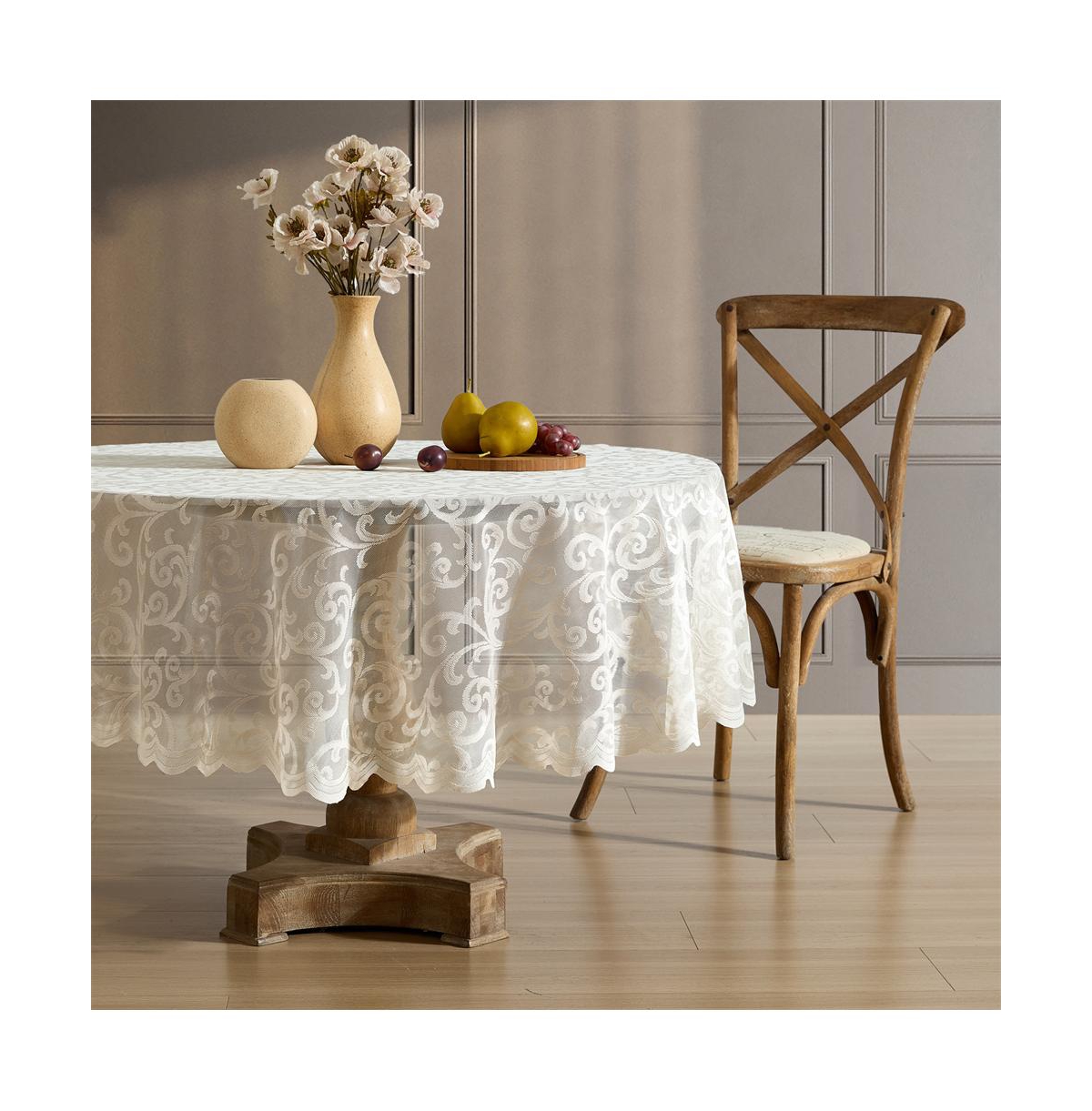 Scroll Lace Fabric Tablecloth, Lace Fabric Table Cloth Round Tables, Wrinkle Resistant Tablecloth, Patterned Scalloped Tablecloth - Linen taupe