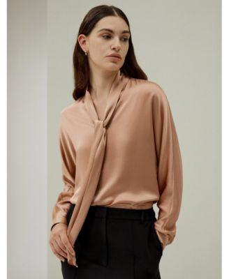 Women's Bat Sleeve Silk Top with Adjustable Neck Tie