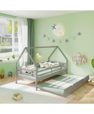 Wooden House Frame Bed with Trundle and Guard Rails for Toddlers or Kids