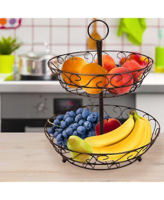 2-Tier Metal Countertop Fruit Basket & Bowl Stand - Stylish Storage for Kitchen & Dining - Bronze